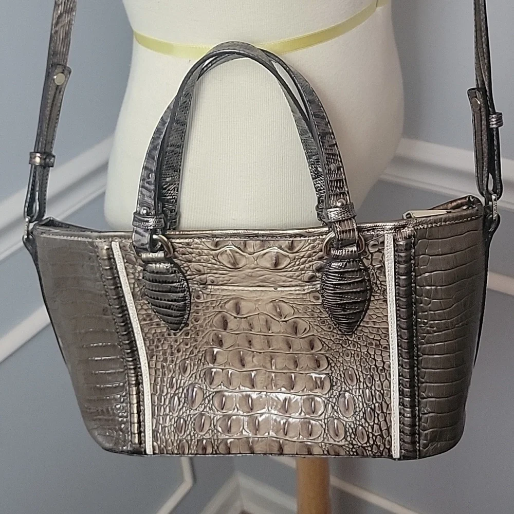 BRAHMIN Mini Asher Elmwood Padua Croc Embossed Convertible‎ Tote Satchel Bag